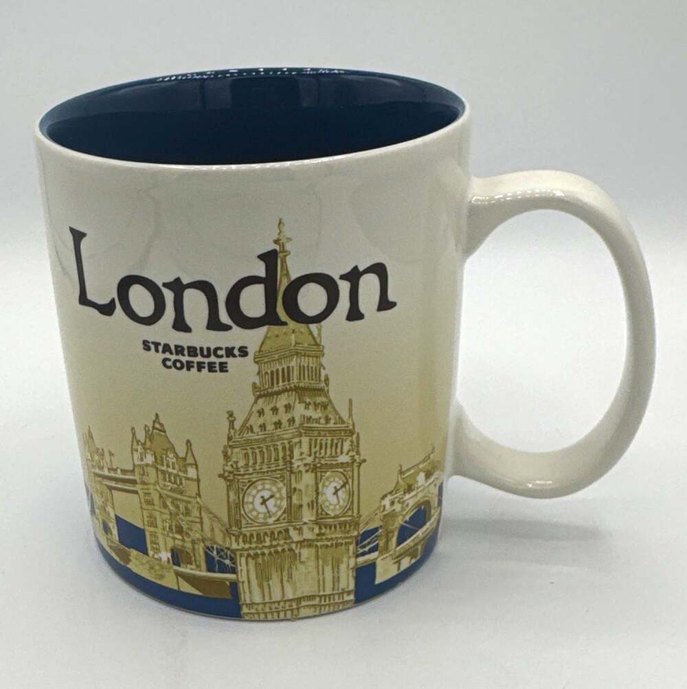 Starbucks London City Coffee & Tea Mug White Navy Blue with Gold Accents